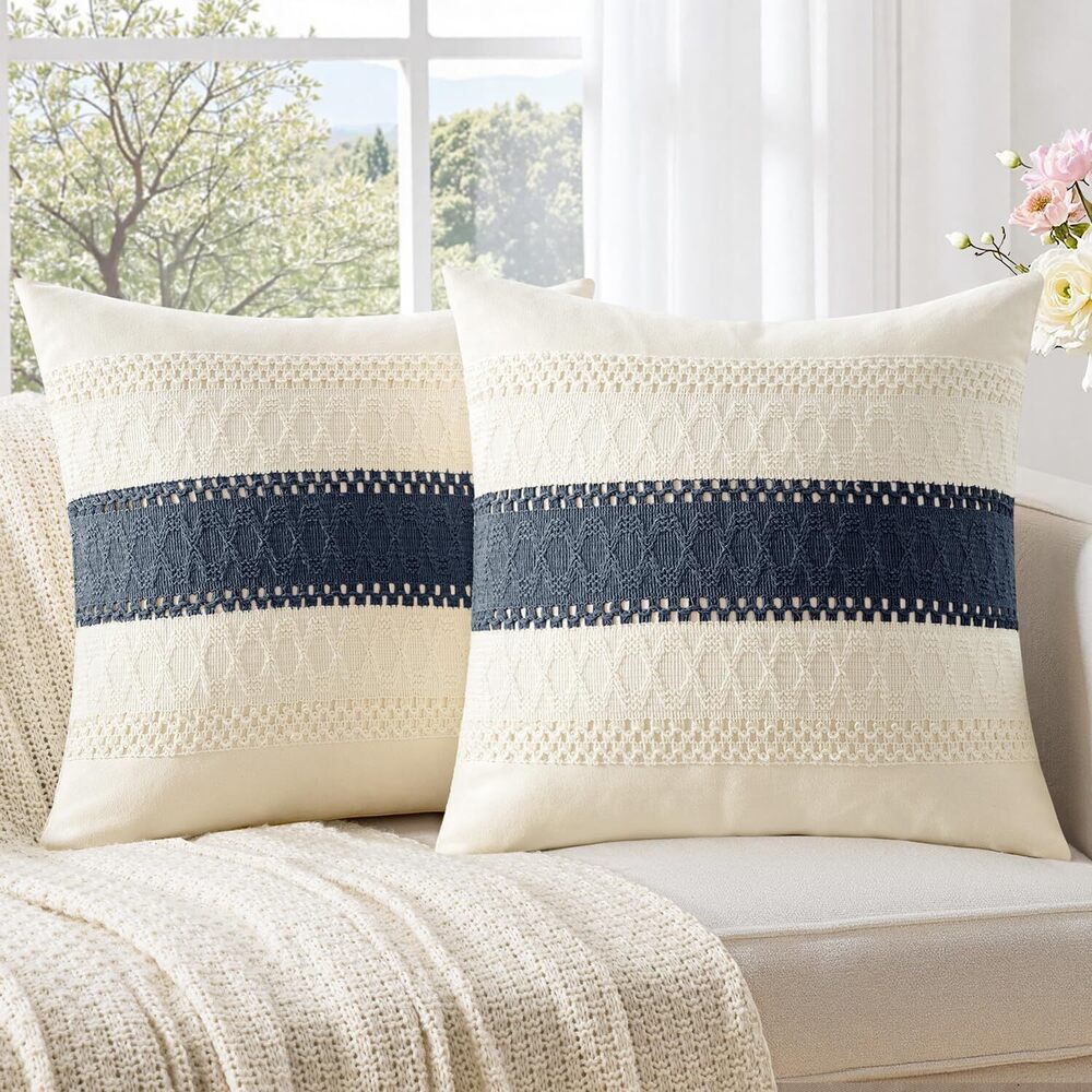 8969 Set of 2 24x24 Inch Navy Blue Boho Euro Coastal Decorative Throw